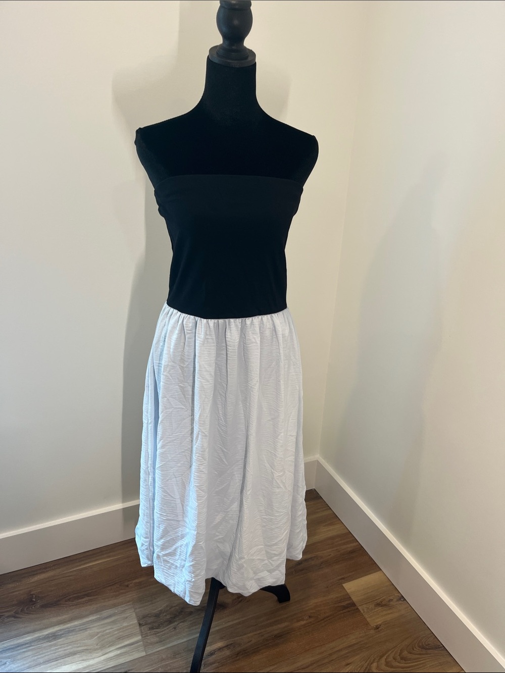 Strapless Black & White Two-Tone Midi Dress